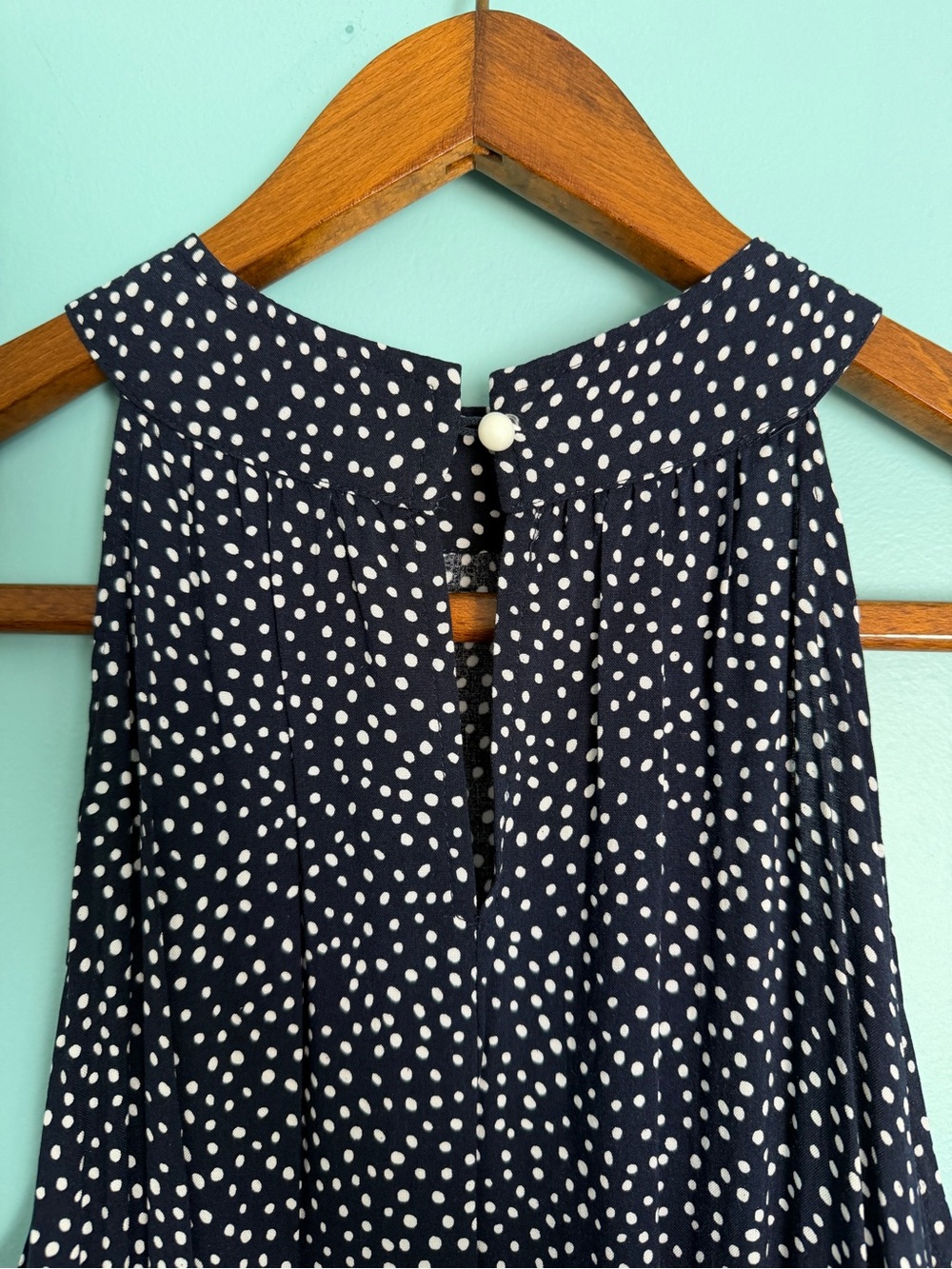 SHEIN Navy Polka Dot Maxi Dress Size L Sleeveless Tiered Stretch Waist Boho - Picture 4 of 5